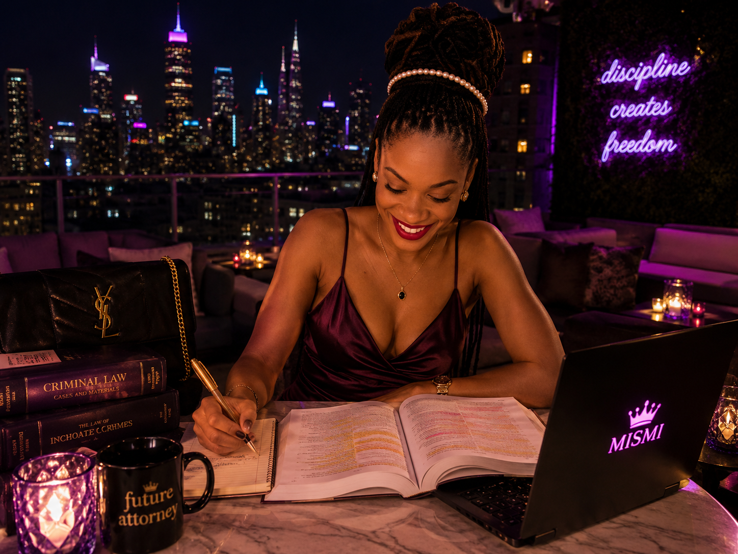MISMI studying law on a luxury rooftop at night